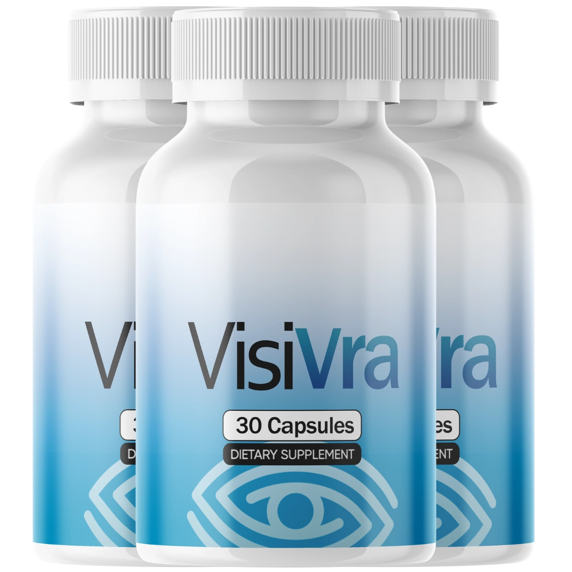 Three VISIVRA Vision Support bottles with 30 capsules shown on each label